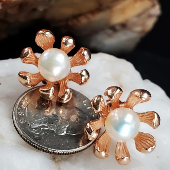 Sterling Silver 925/14K Rose Gold Studs Large Freshwater Pearls Earriings - Picture 6 of 11